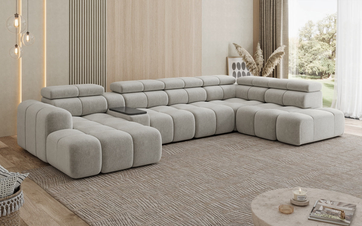 Designer Sofa Wohnlandschaft Mia mit elektrischer Sitzerweiterung in Chenille