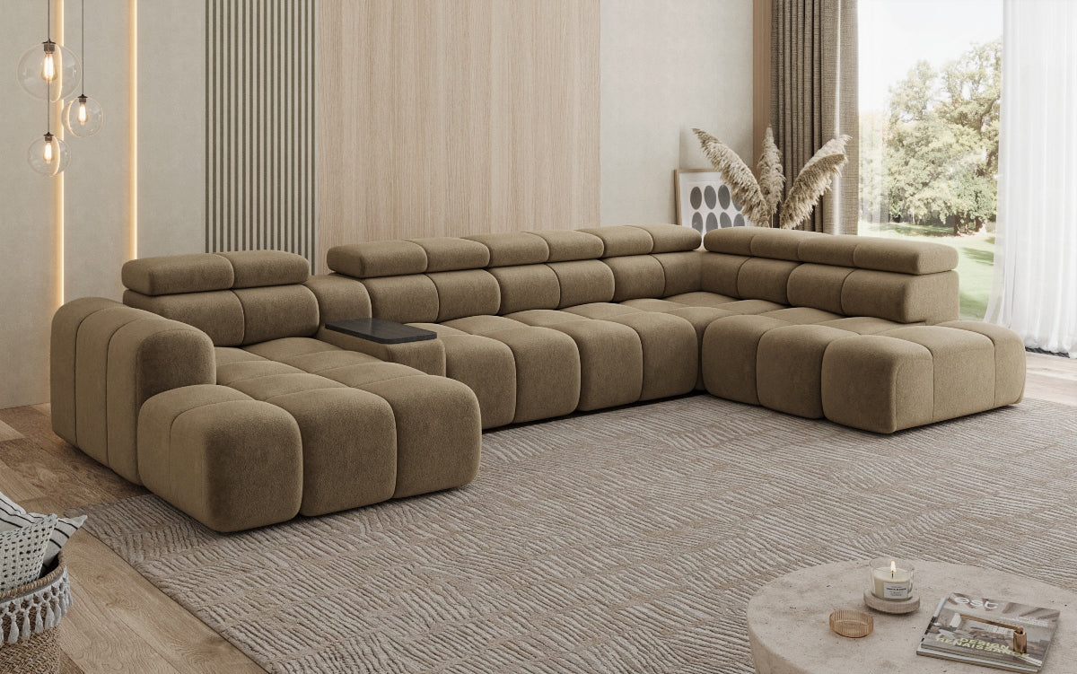Designer Sofa Wohnlandschaft Mia mit elektrischer Sitzerweiterung in Chenille
