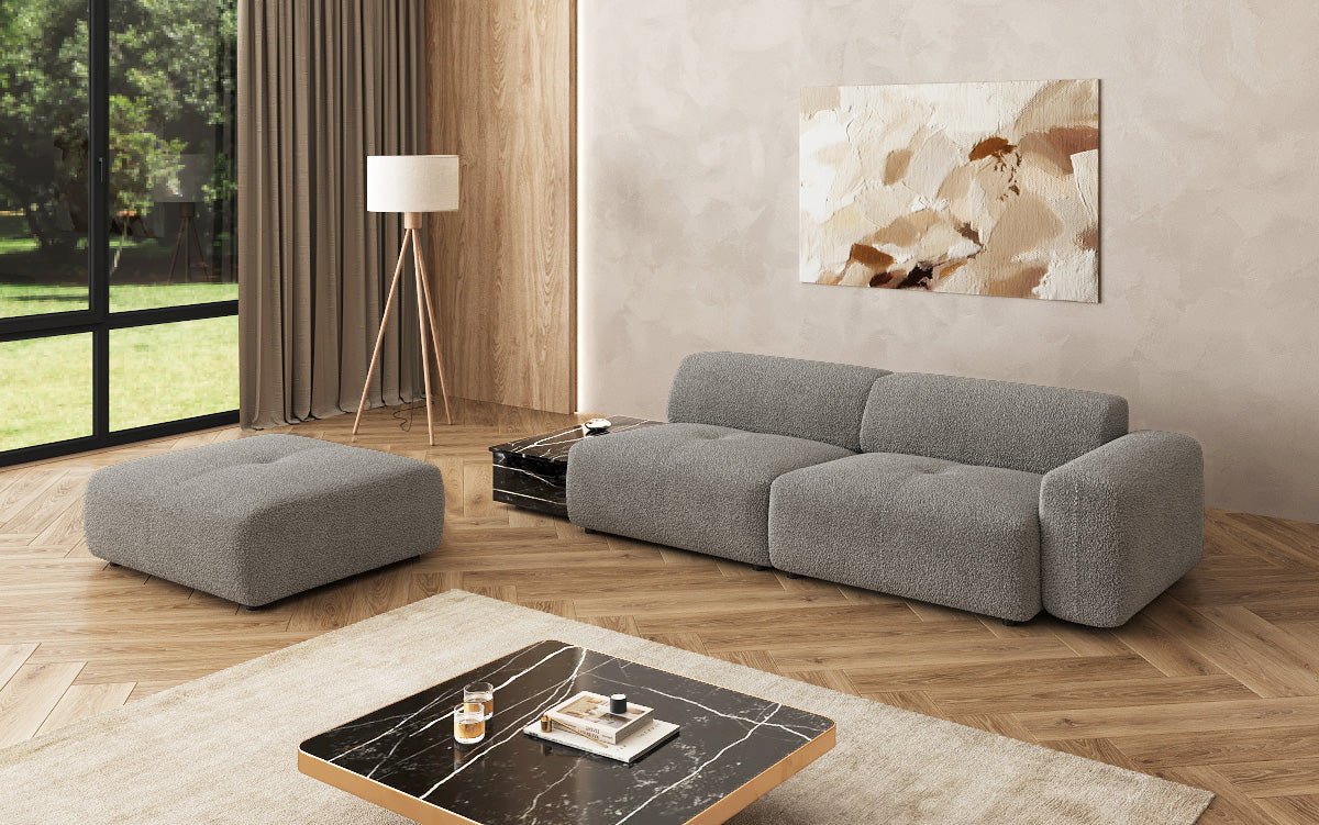 Designer sofa Calm 3-seater with side stool and side table in bouclé