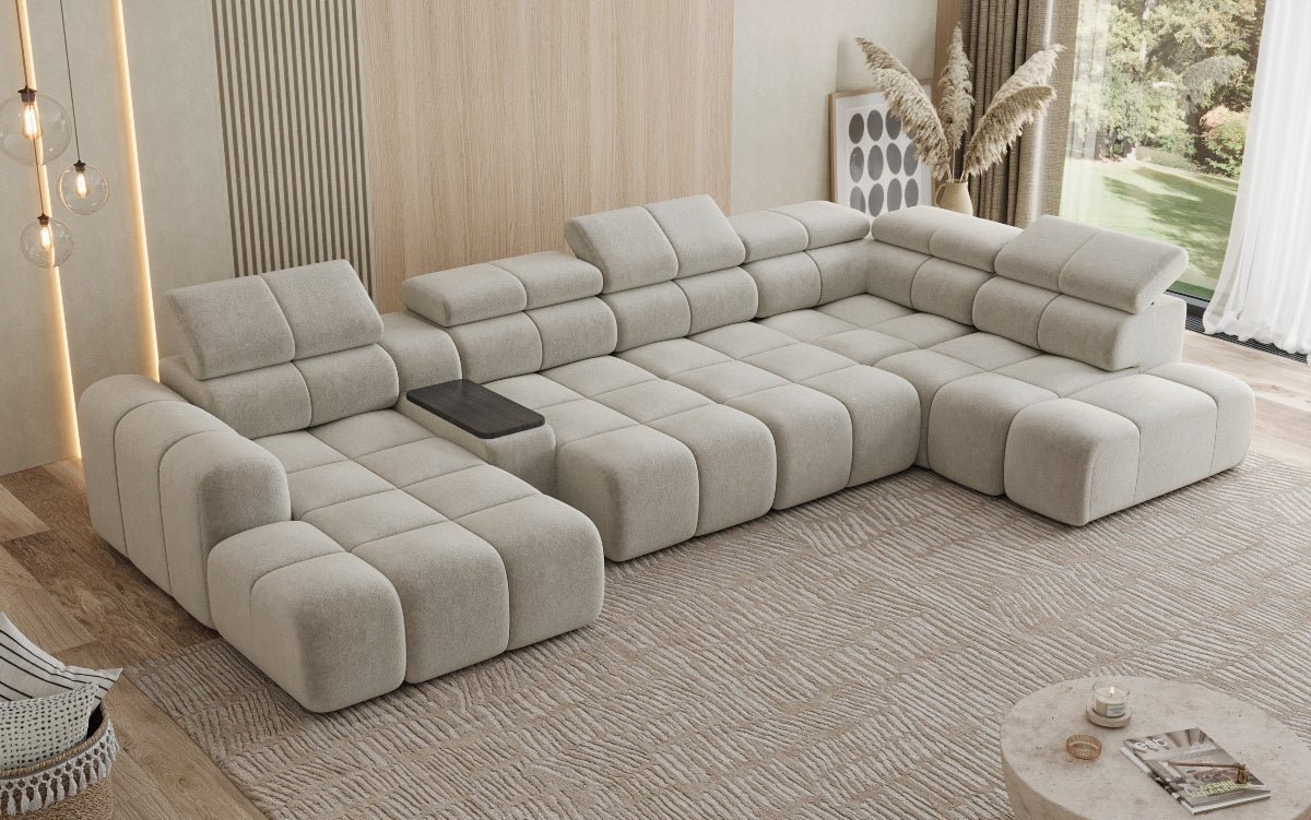 Designer Sofa Wohnlandschaft Mia mit elektrischer Sitzerweiterung in Chenille