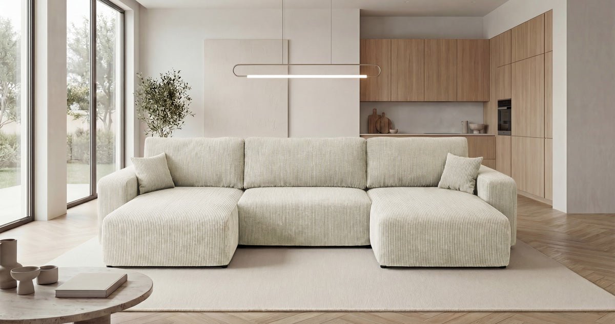 Designer Sofa Noma U mit Schlaffunktion und Stauraum in Cord