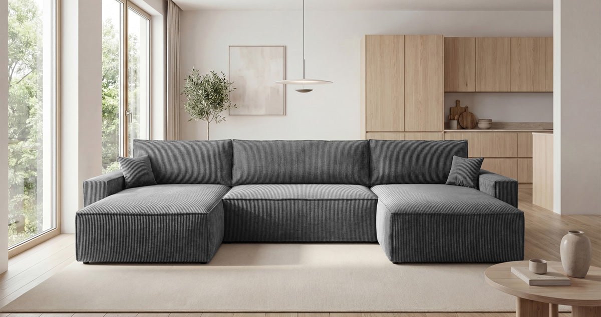 Designer Sofa Vienna U mit Schlaffunktion und Stauraum in Cord