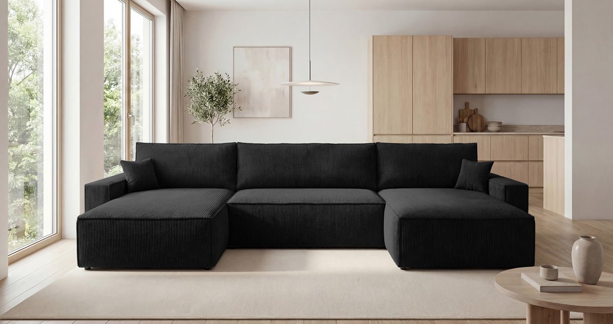 Designer Sofa Vienna U mit Schlaffunktion und Stauraum in Cord