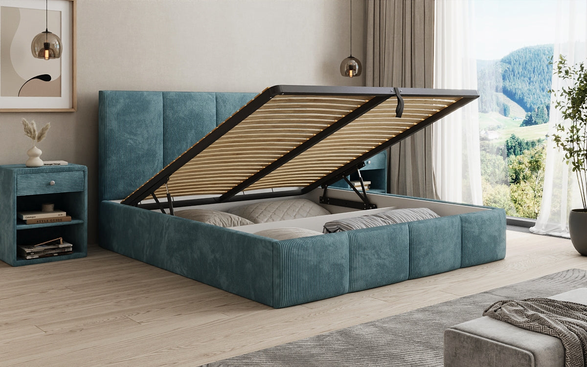 Designer Polsterbett Mina in Cord mit Stauraum