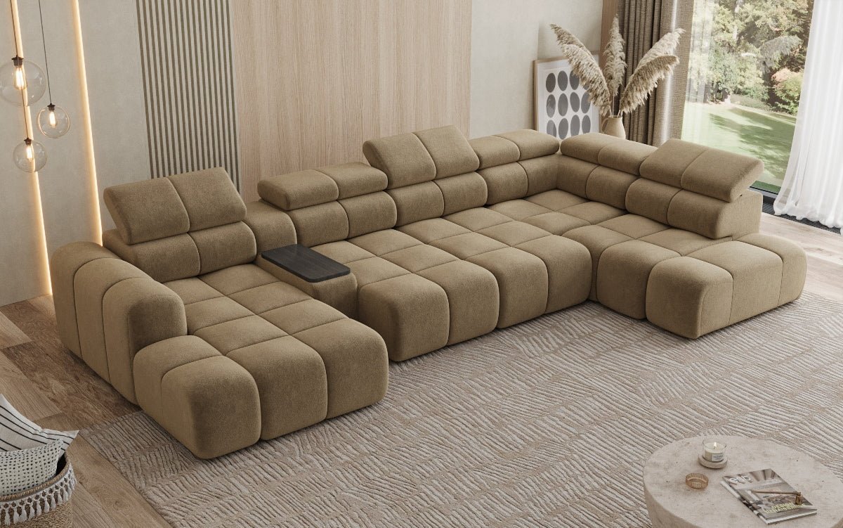 Designer Sofa Wohnlandschaft Mia mit elektrischer Sitzerweiterung in Chenille