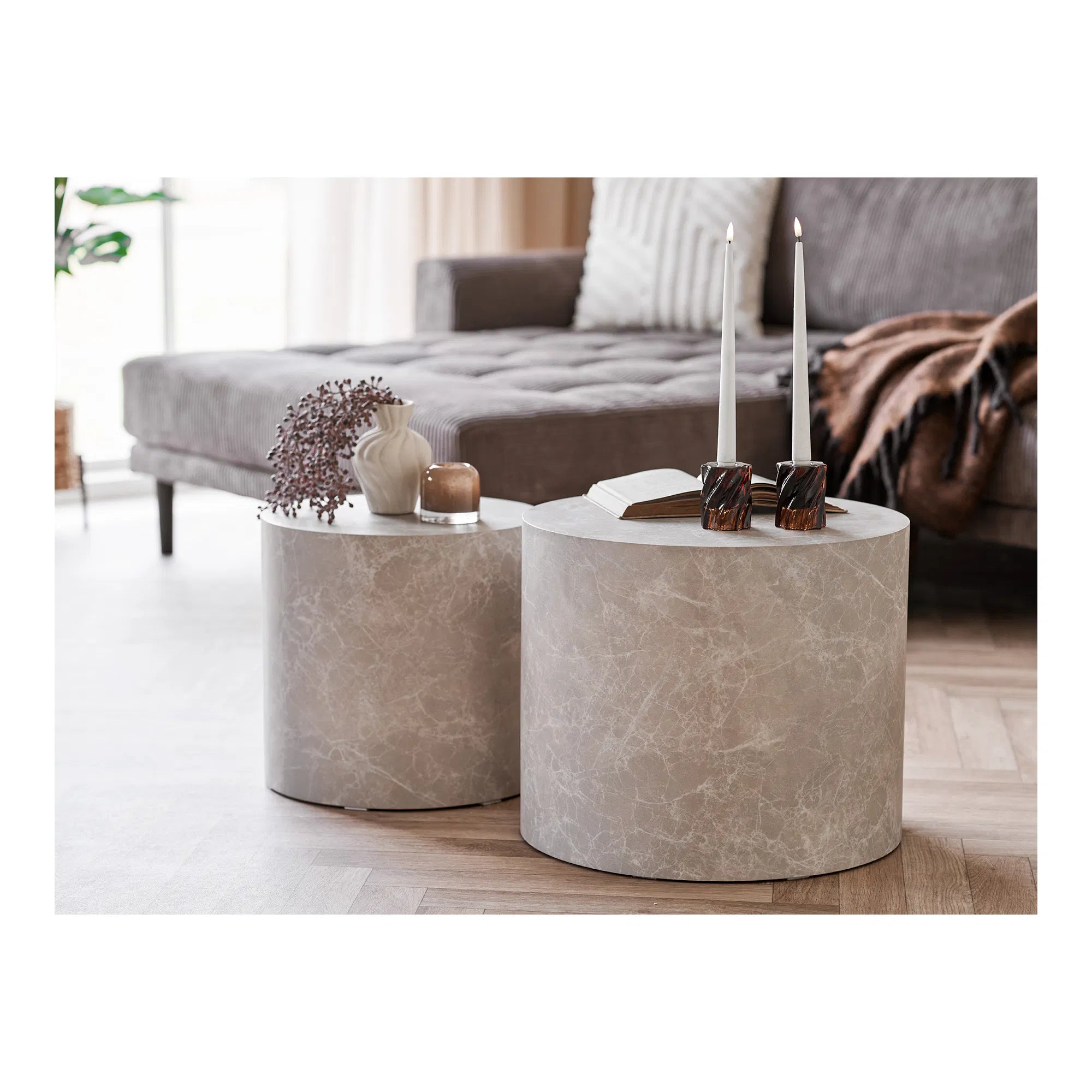 Designer Couchtisch Paris 2er Set Rund in Marmor Optik