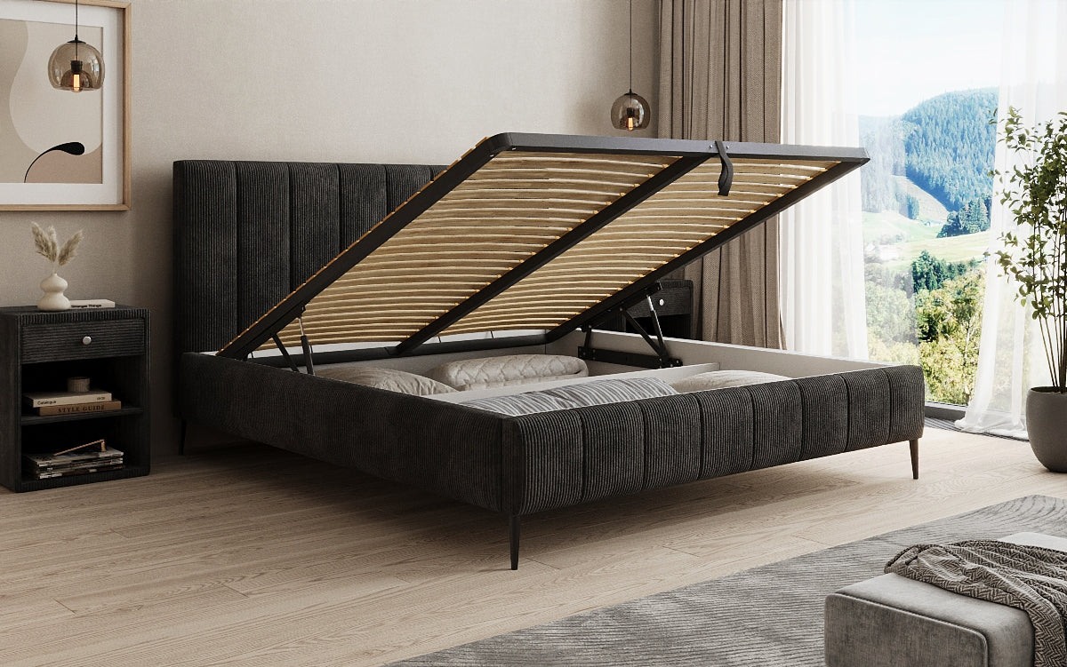 Designer Polsterbett Astrid in Cord mit Stauraum