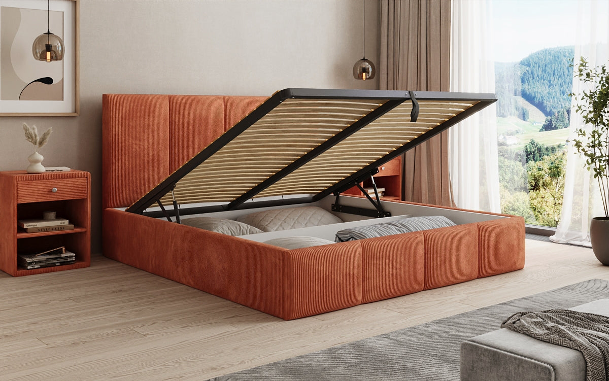 Designer Polsterbett Mina in Cord mit Stauraum