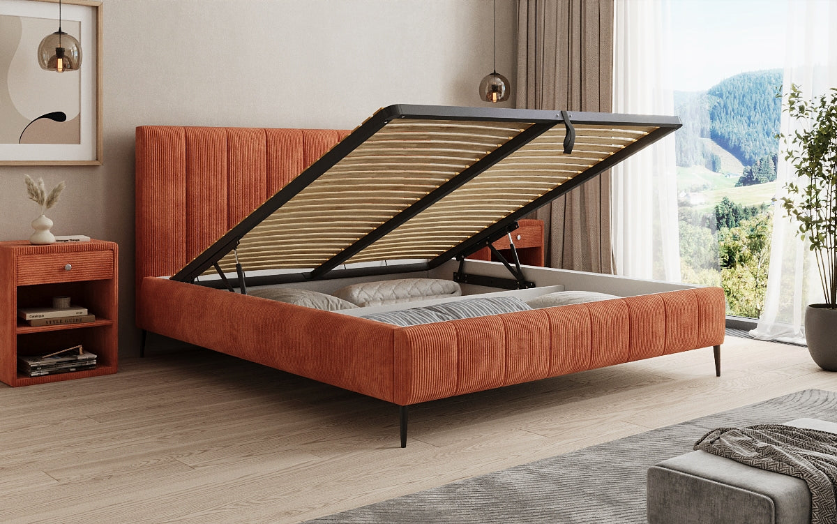 Designer Polsterbett Astrid in Cord mit Stauraum