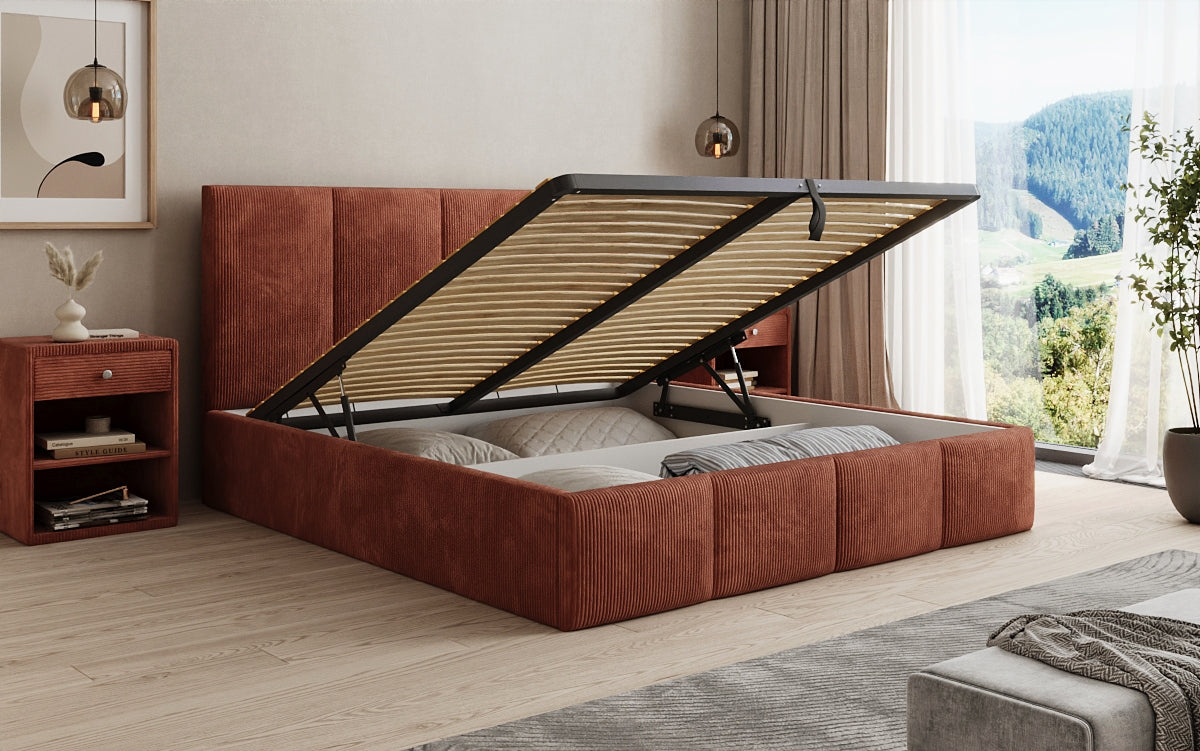 Designer Polsterbett Mina in Cord mit Stauraum