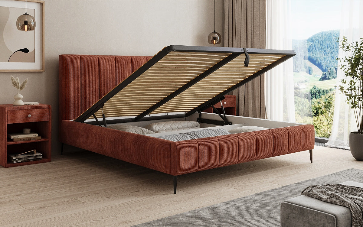 Designer Polsterbett Astrid in Cord mit Stauraum