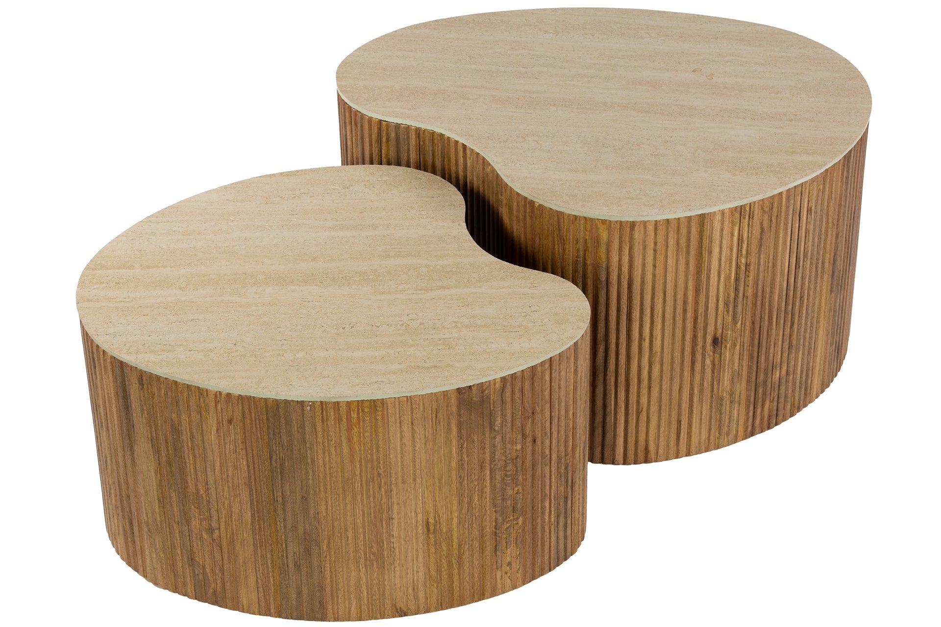 Couchtisch Tavara - 2er Set aus sandfarbenem Mangoholz mit Keramik-Tischplatte