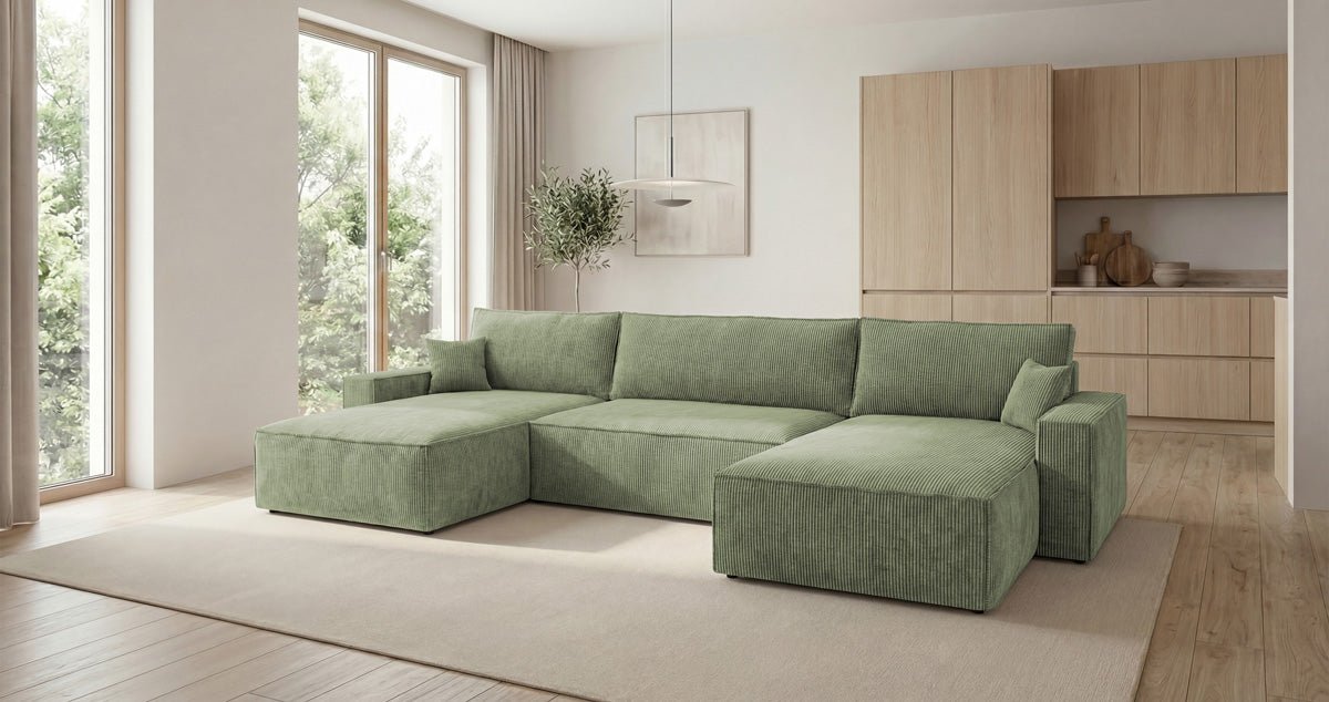 Designer Sofa Vienna U mit Schlaffunktion und Stauraum in Cord
