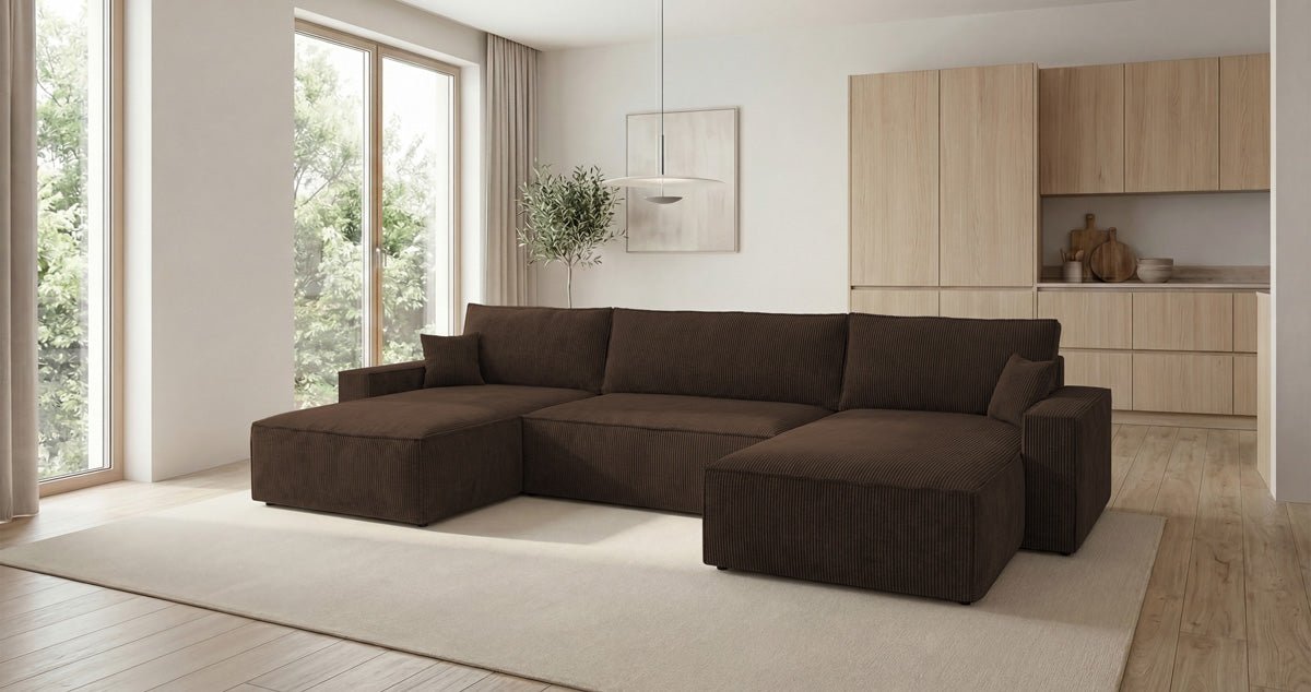 Designer Sofa Vienna U mit Schlaffunktion und Stauraum in Cord