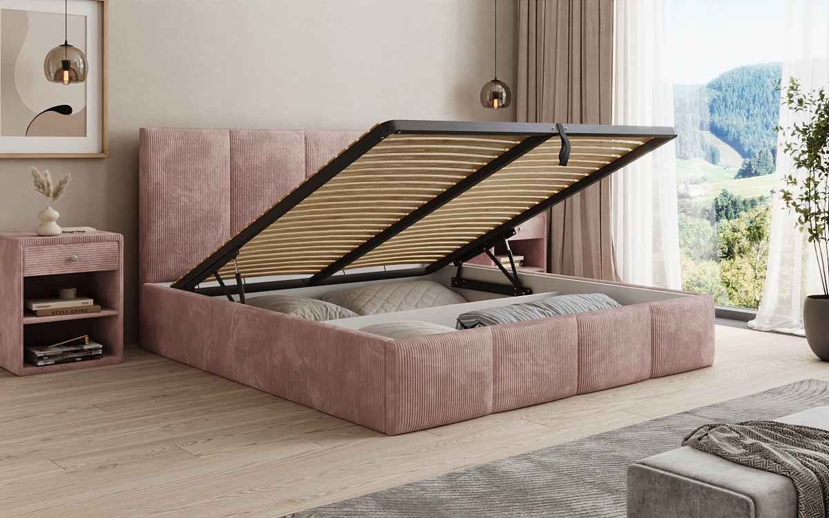Designer Polsterbett Mina in Cord mit Stauraum