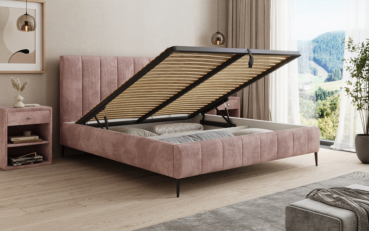 Designer Polsterbett Astrid in Cord mit Stauraum
