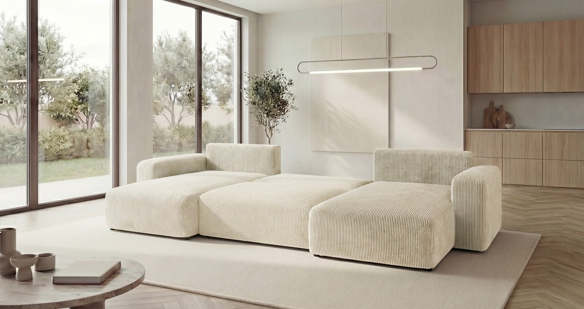 Designer Sofa Noma U mit Schlaffunktion und Stauraum in Cord