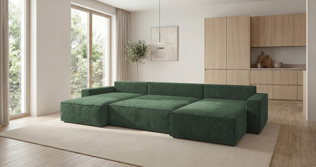 Designer Sofa Vienna U mit Schlaffunktion und Stauraum in Cord