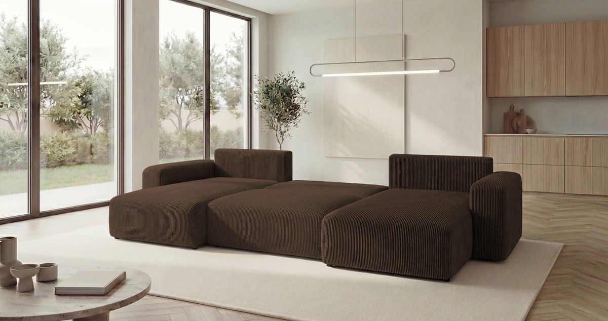 Designer Sofa Noma U mit Schlaffunktion und Stauraum in Cord