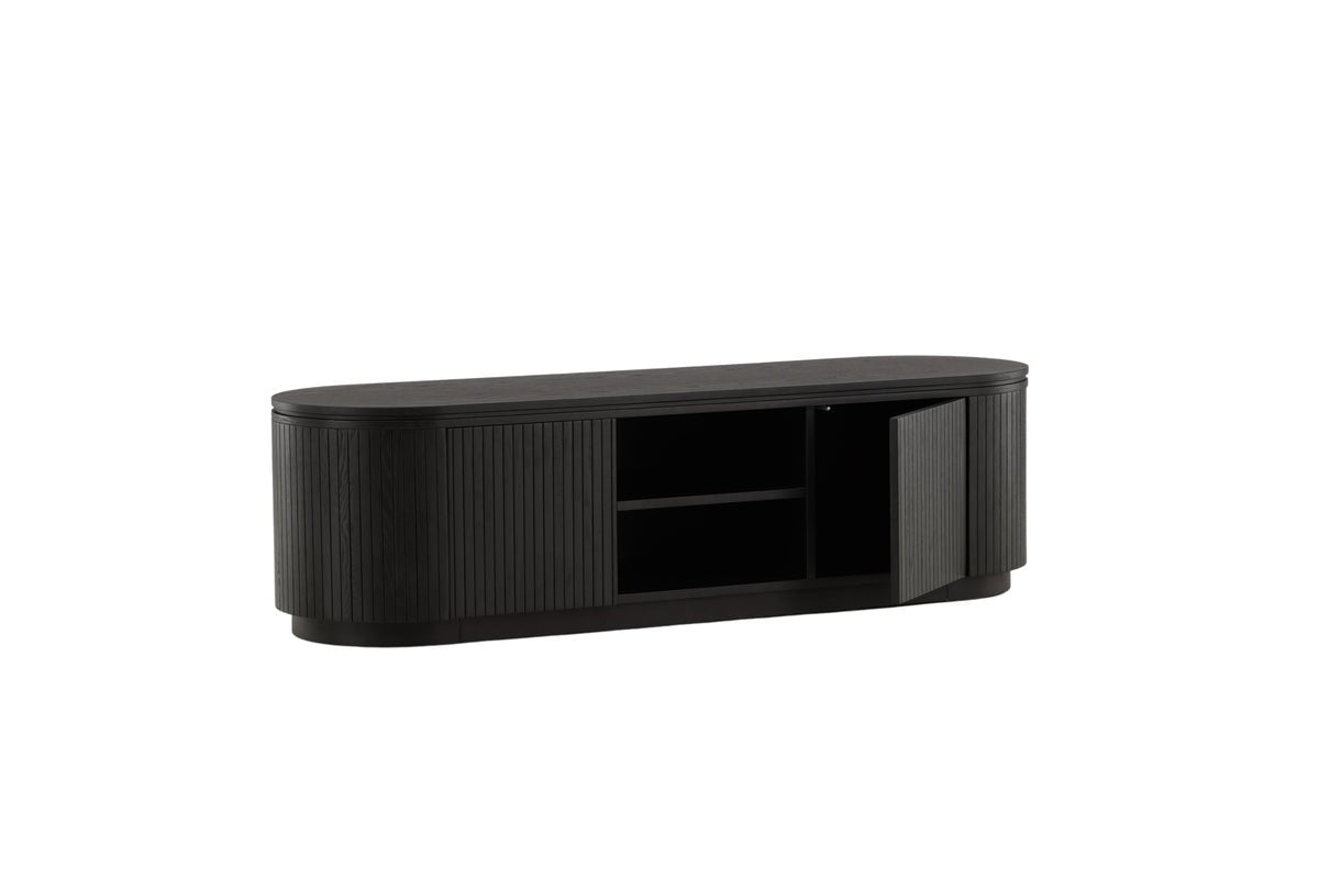 Designer TV-Lowboard Sundby – Schwarz in Eichenoptik mit Lamellenfront