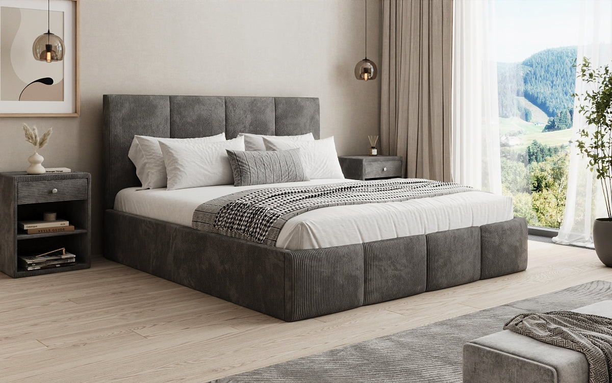 Designer Polsterbett Mina in Cord mit Stauraum