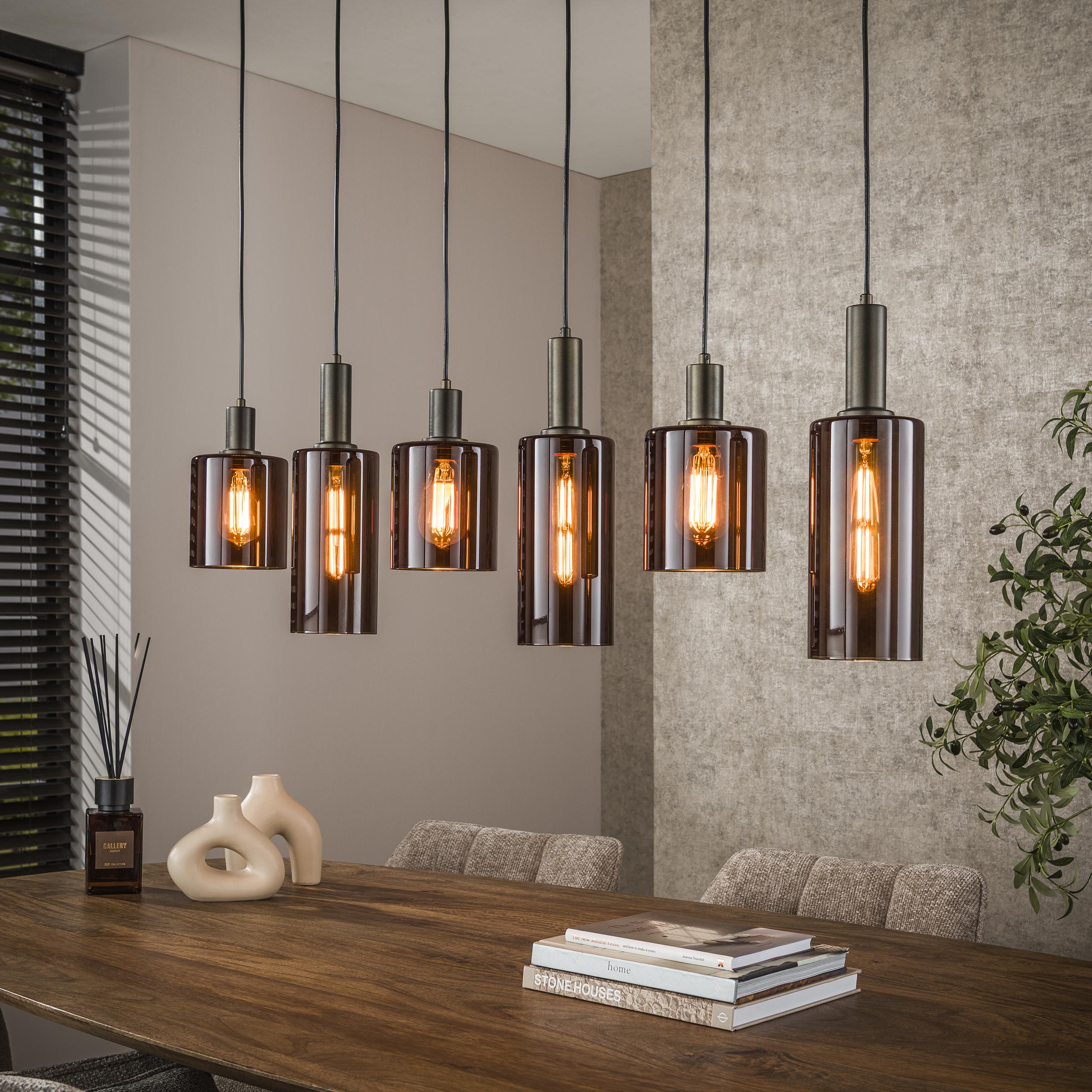 Pendelleuchte Ayu – Zylindrische Glasschirme in Braun (6-flammig)