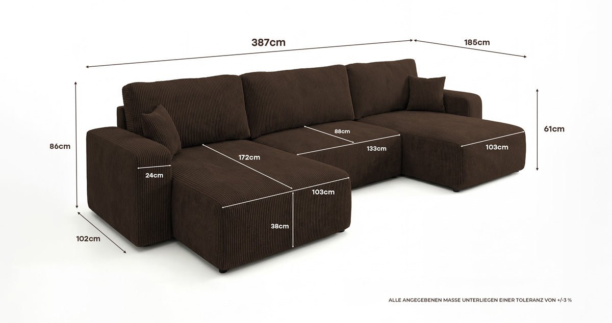 Designer Sofa Noma U mit Schlaffunktion und Stauraum in Cord