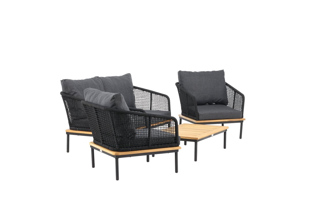 Garten Loungeset Malina – mit Holzdetails, geflochtenem Seil & grauen Kissen