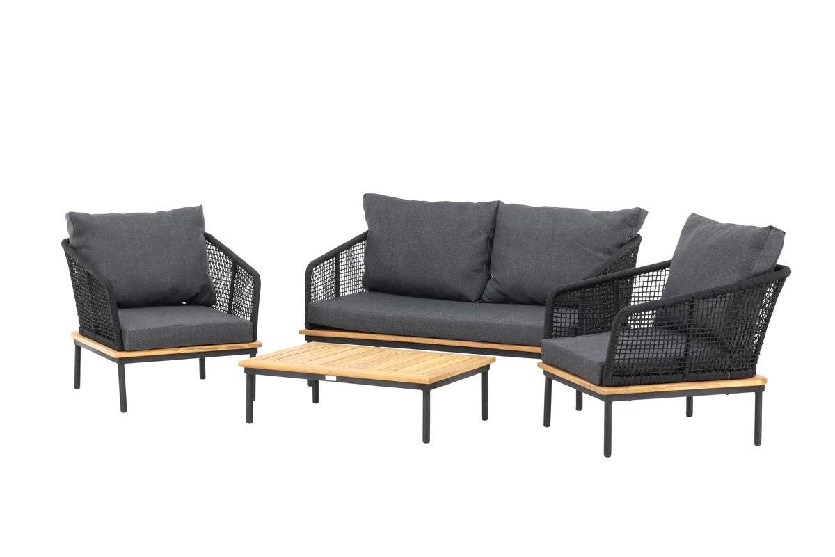Garten Loungeset Malina – mit Holzdetails, geflochtenem Seil & grauen Kissen