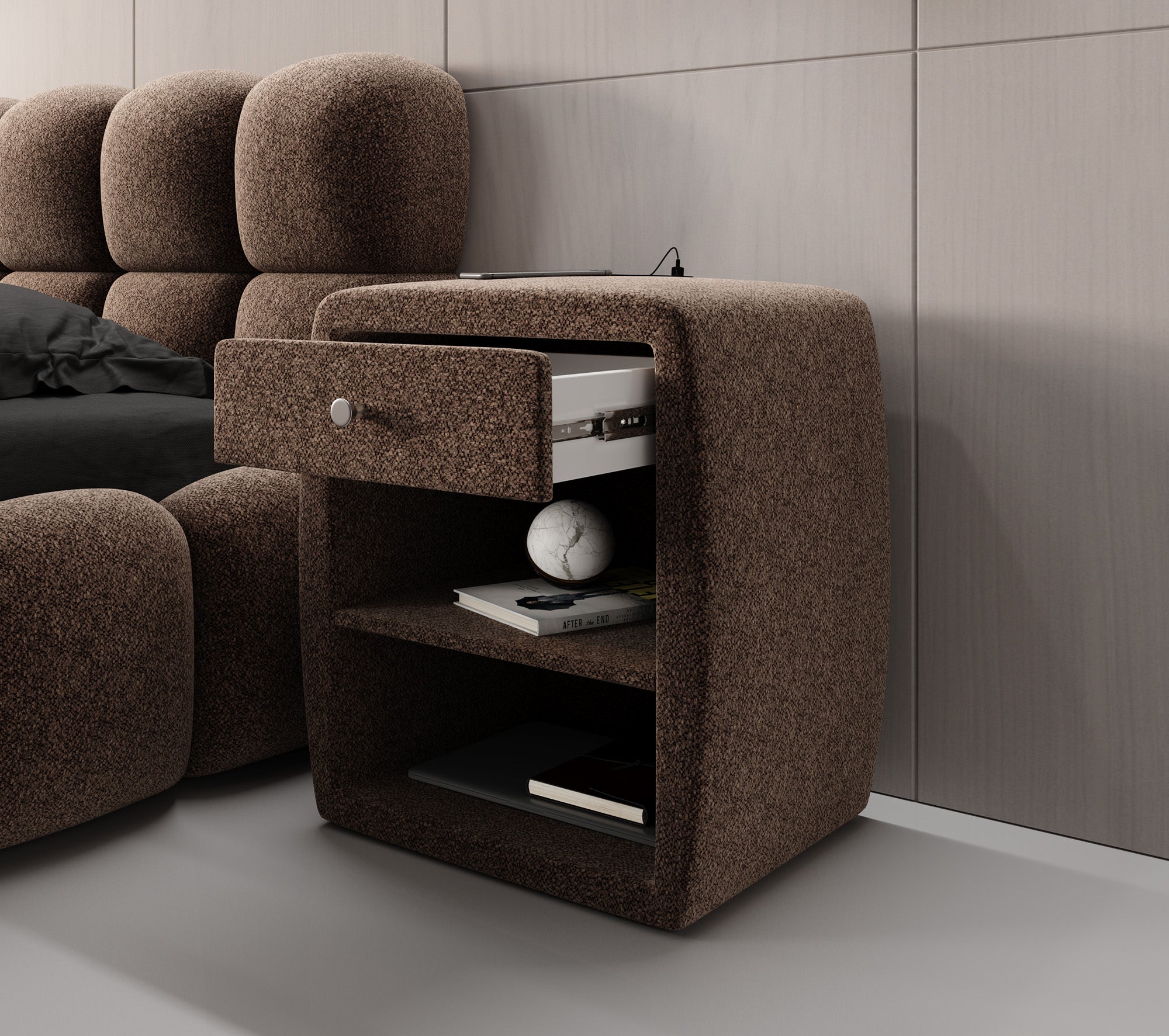 Designer Nachttisch Lilly mit USB Anschluss in Strukturstoff