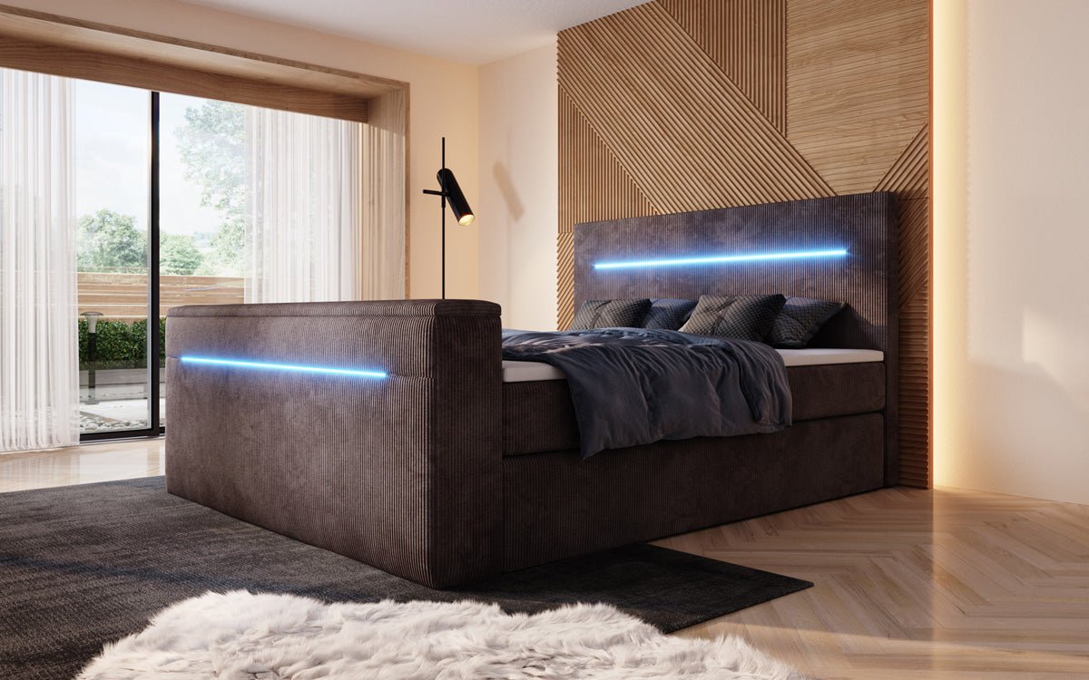 Boxspringbett Sejour mit TV Lift, RGB und Stauraum in Cord