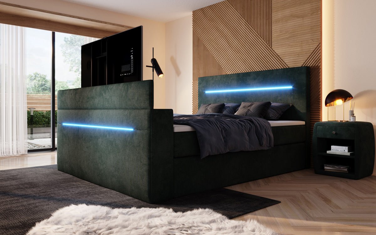 Boxspringbett Sejour mit TV Lift, RGB und Stauraum in Cord