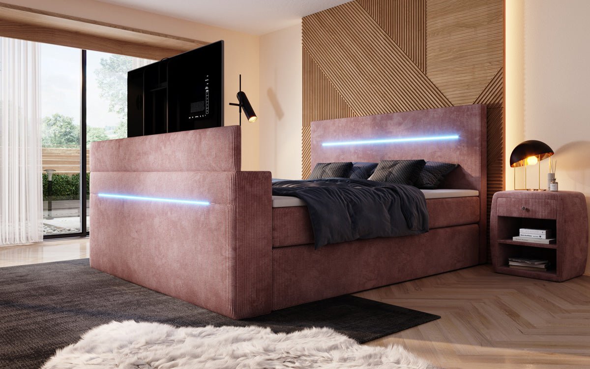 Boxspringbett Sejour mit TV Lift, RGB und Stauraum in Cord