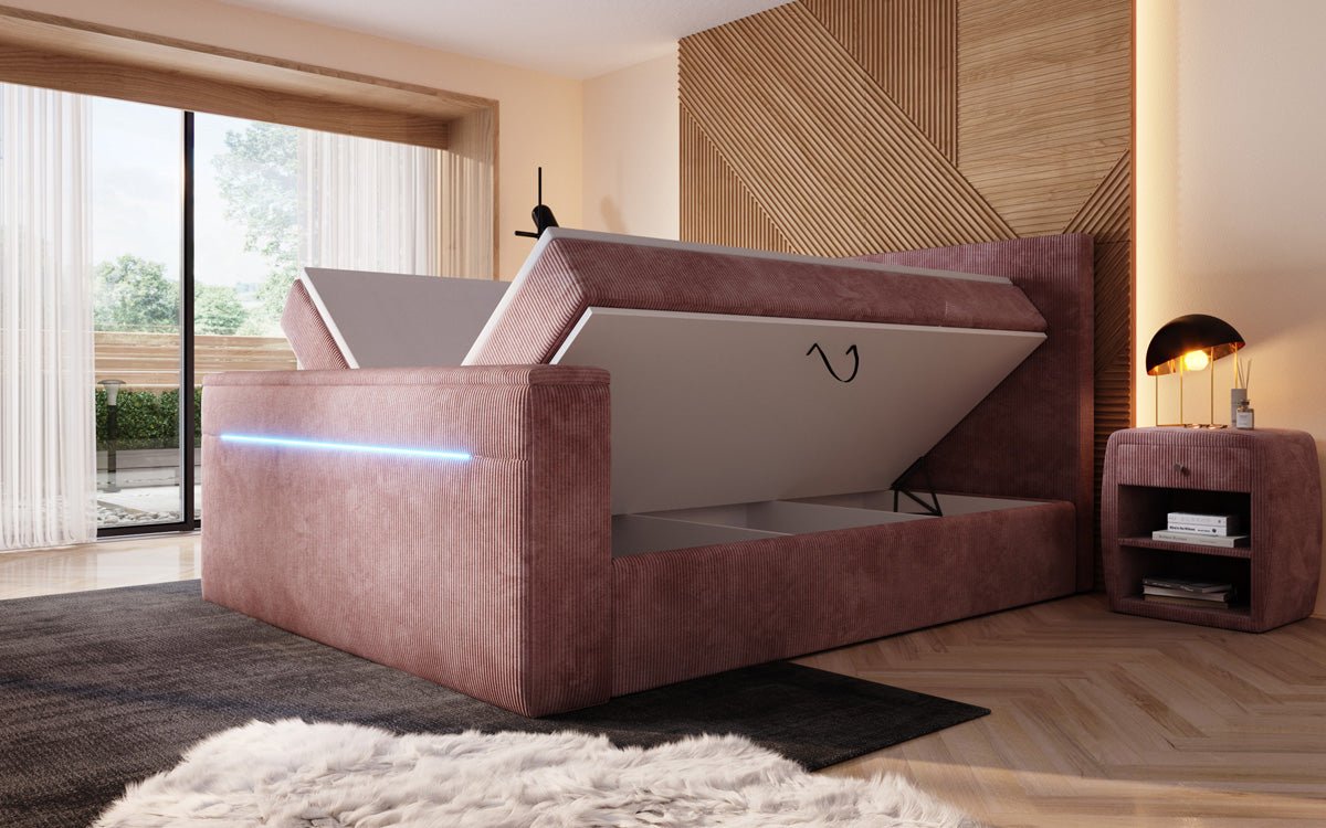 Boxspringbett Sejour mit TV Lift, RGB und Stauraum in Cord