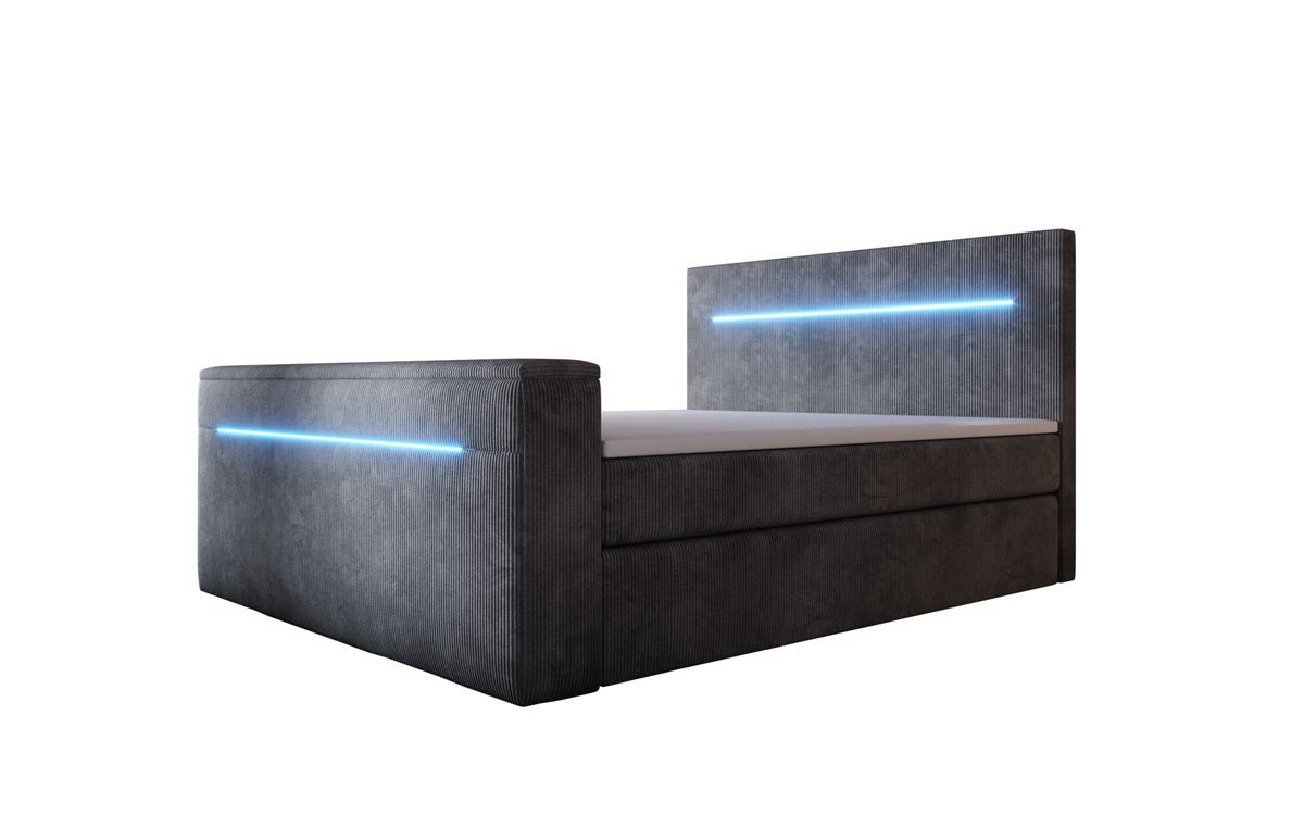 Boxspringbett Sejour mit TV Lift, RGB und Stauraum in Cord
