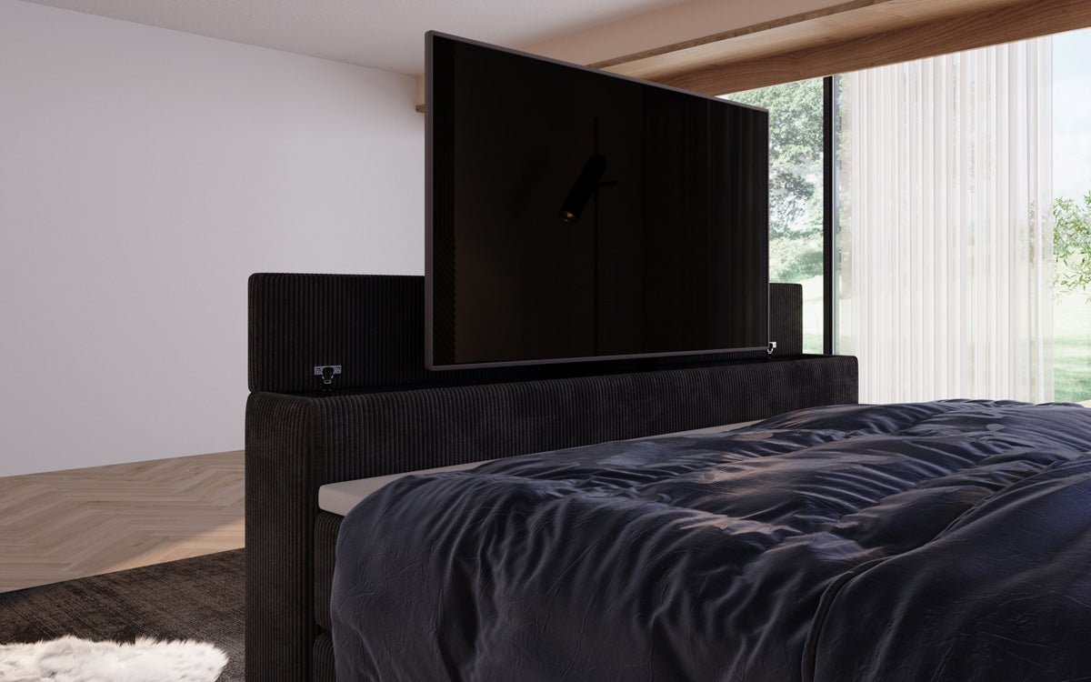 Boxspringbett Sejour mit TV Lift, RGB und Stauraum in Cord