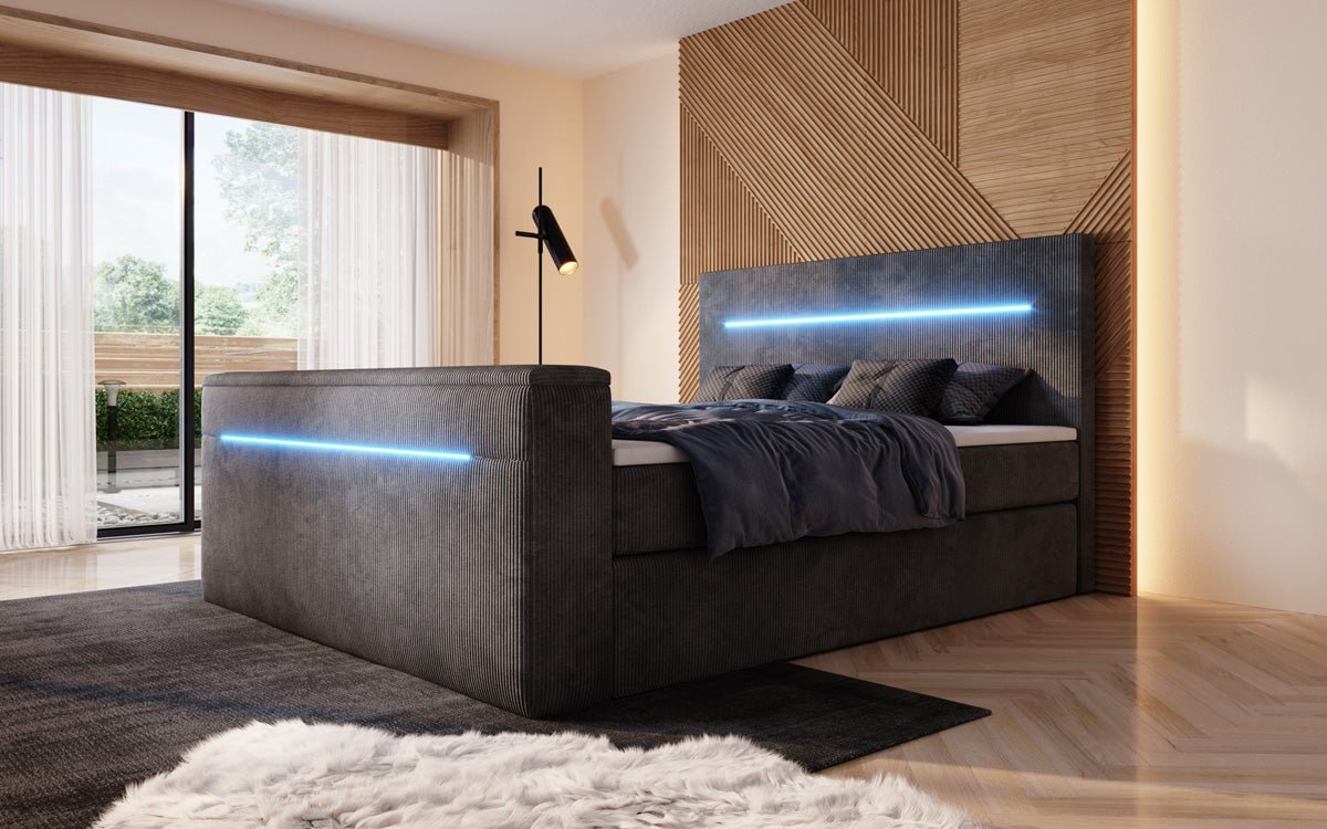 Boxspringbett Sejour mit TV Lift, RGB und Stauraum in Cord