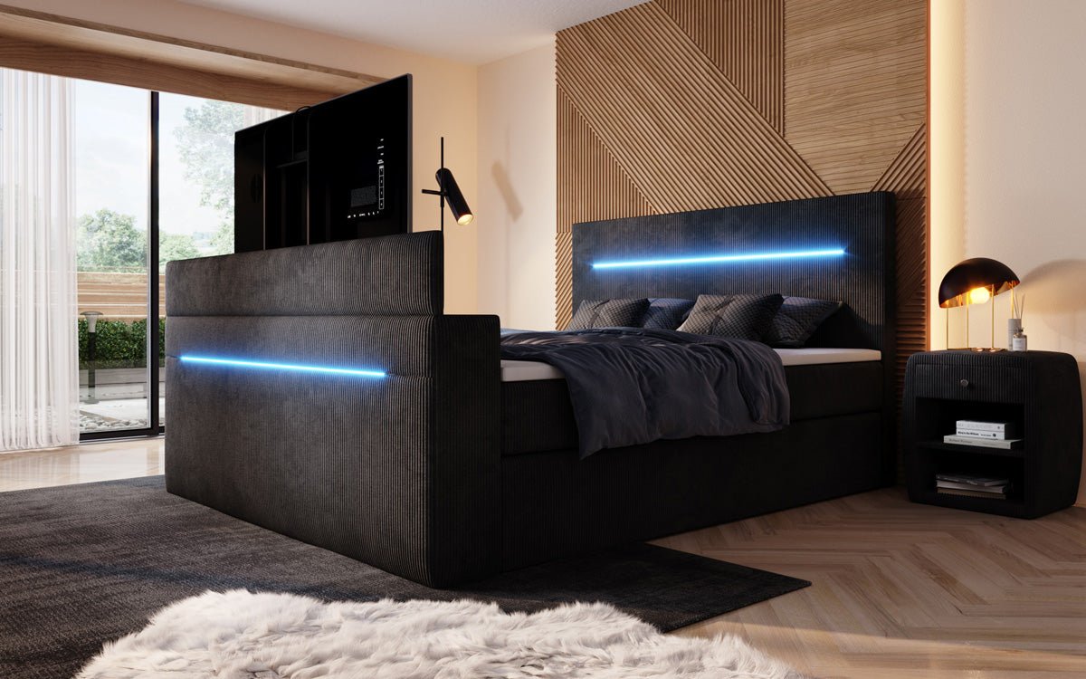 Boxspringbett Sejour mit TV Lift, RGB und Stauraum in Cord