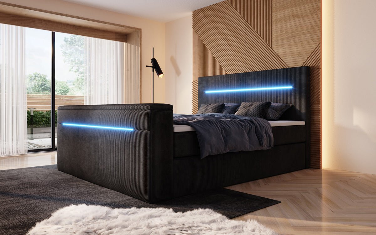 Boxspringbett Sejour mit TV Lift, RGB und Stauraum in Cord