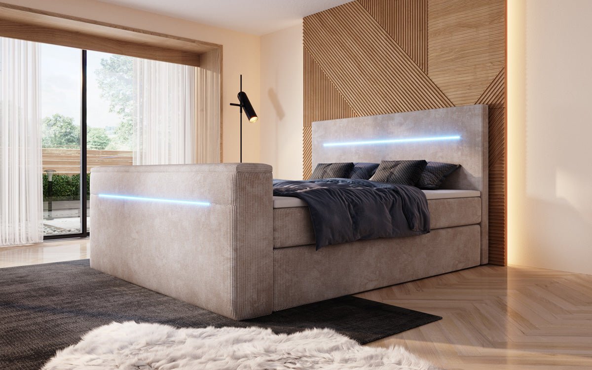 Boxspringbett Sejour mit TV Lift, RGB und Stauraum in Cord