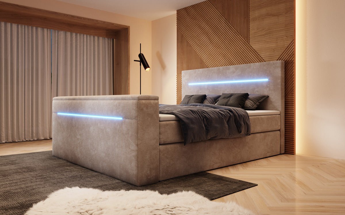 Boxspringbett Sejour mit TV Lift, RGB und Stauraum in Cord