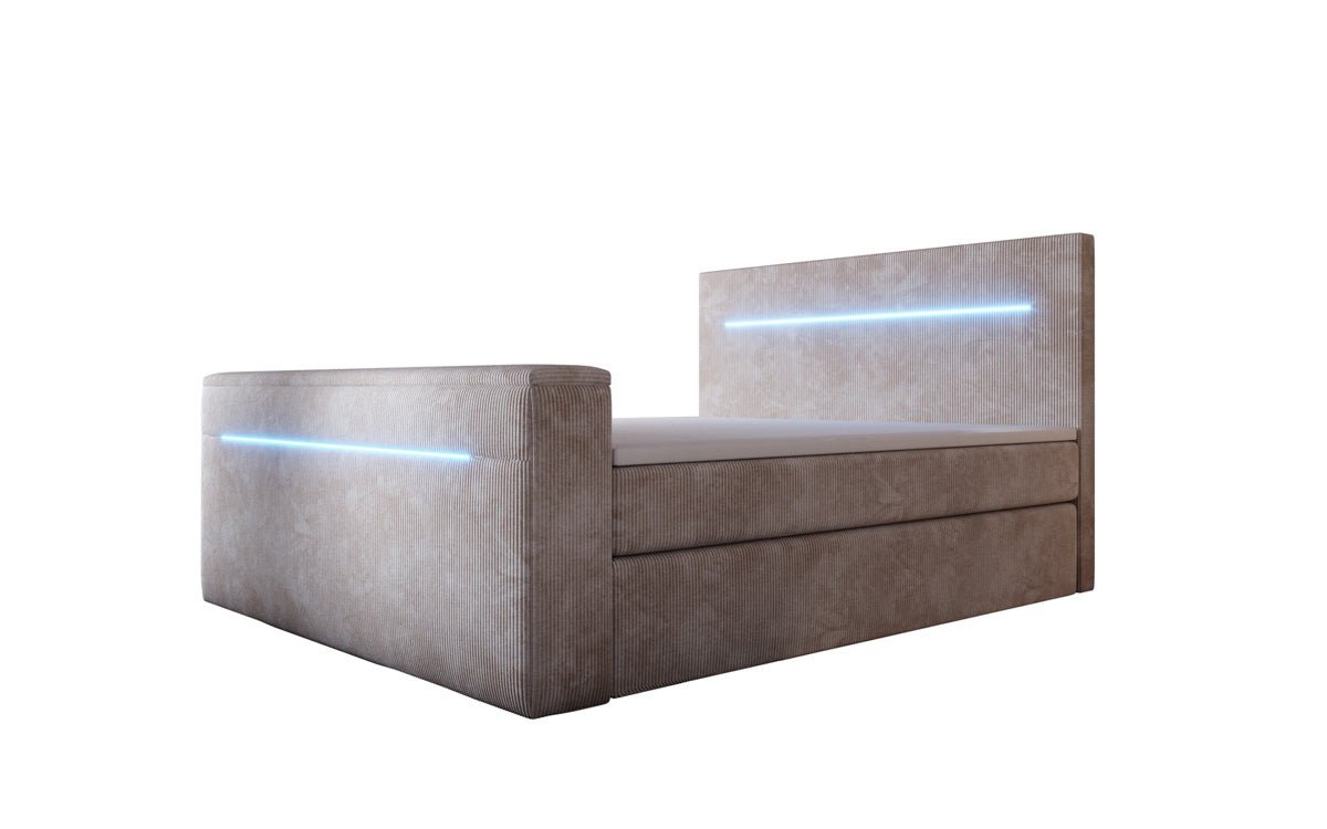 Boxspringbett Sejour mit TV Lift, RGB und Stauraum in Cord