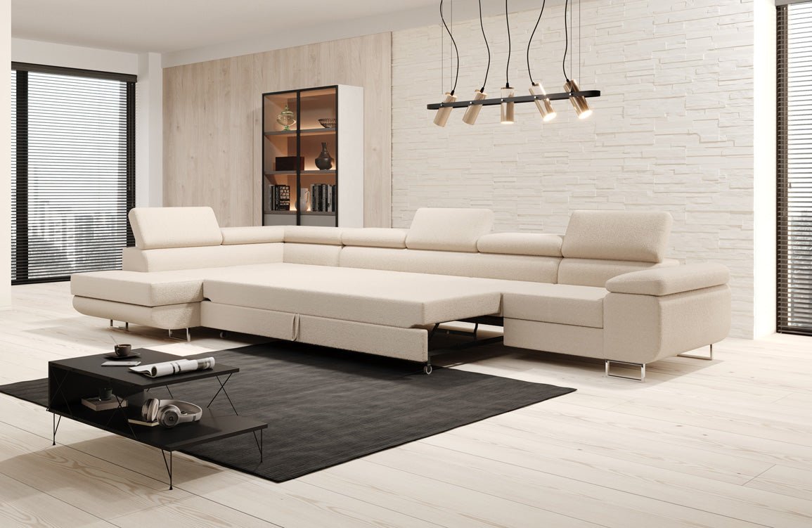 Designer Sofa Maxi mit Schlaf - und Klappfunktion in Bouclé