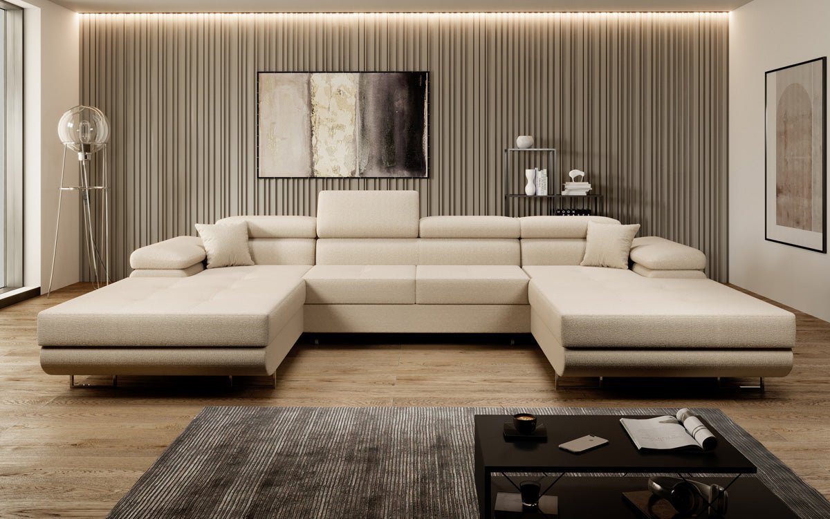 Designer Sofa Calvera U mit Schlaf- und Klappfunktion in Bouclé
