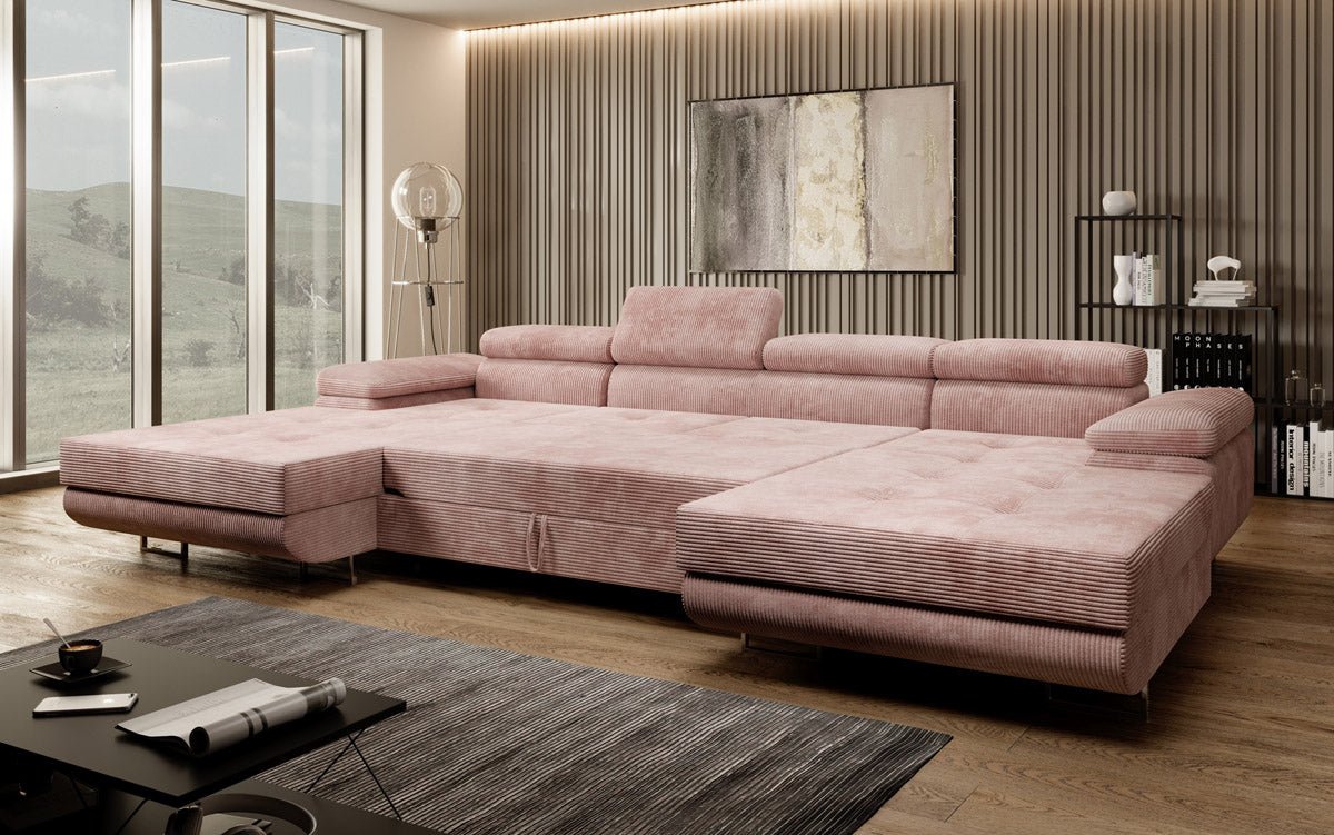 Designer Sofa Calvera U mit Schlaf- und Klappfunktion in Cord