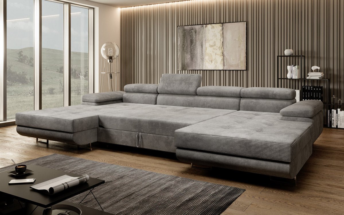 Designer Sofa Calvera U mit Schlaf- und Klappfunktion in Cord