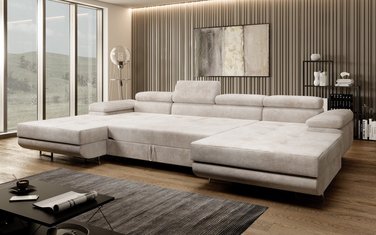 Designer Sofa Calvera U mit Schlaf- und Klappfunktion in Cord