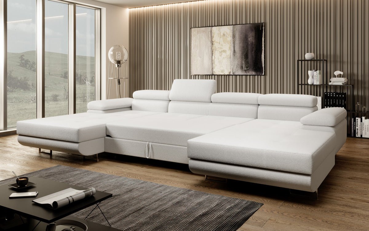 Designer Sofa Calvera U mit Schlaf- und Klappfunktion in Bouclé