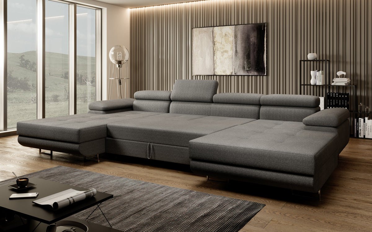 Designer Sofa Calvera U mit Schlaf- und Klappfunktion in Bouclé