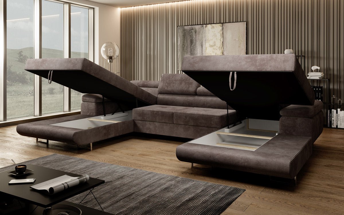 Designer Sofa Calvera U mit Schlaf- und Klappfunktion in Cord